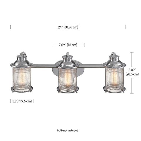Three Light Vanity Light In Chrome With Ribbed Seeded Glass Shades For A Coastal Bathroom Vibe, Modern Chrome Finish, Bulb Not Included