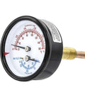 Dual Reading Pressure And Temperature Tridicator With Two And One Half Inch Dial One Quarter Inch NPT Connection Stem Two Point Nine Five Inch 0 To 75 PSI Range Black Steel Case And Bezel Bronze Internals Commercial Gauge For Industrial Use, side view