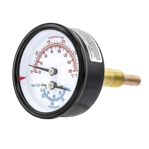 Dual Reading Pressure And Temperature Tridicator With Two And One Half Inch Dial One Quarter Inch NPT Connection Stem Two Point Nine Five Inch 0 To 75 PSI Range Black Steel Case And Bezel Bronze Internals Commercial Gauge For Industrial Use, side view