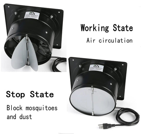 8 Inch Through Wall Exhaust Fan 80W 500 CFM Heavy Duty Metal Ventilation with 110V Power Cord, working and stop states shown