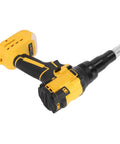 Heavy Duty Cordless Rivet Gun With Brushless Motor Delivers 2248 Lbs Of Raw Power And Fast Automatic Function Featuring Built Led Light, Auto Reverse Mode, And Compact Portable Design For Professional Job Site Metalworking Projects Without Cord Hassle. yellow black cordless rivet gun, battery pack attached