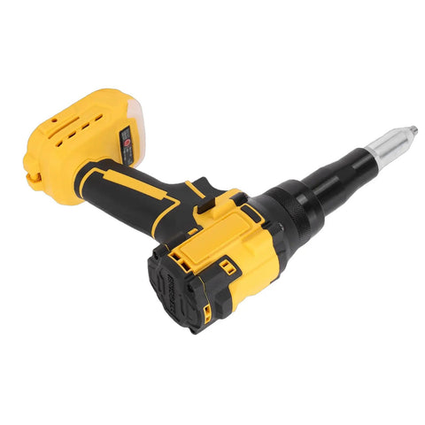 Heavy Duty Cordless Rivet Gun With Brushless Motor Delivers 2248 Lbs Of Raw Power And Fast Automatic Function Featuring Built Led Light, Auto Reverse Mode, And Compact Portable Design For Professional Job Site Metalworking Projects Without Cord Hassle. yellow black cordless rivet gun, battery pack attached