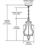 Diagram of Wikshire 8 Inch Wide 1 Light Outdoor Pendant In Coffee Bronze With Cast Aluminum Construction And Clear Crackle Glass Vintage Gas Lantern Style Fixture with dimensions