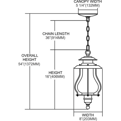 Diagram of Wikshire 8 Inch Wide 1 Light Outdoor Pendant In Coffee Bronze With Cast Aluminum Construction And Clear Crackle Glass Vintage Gas Lantern Style Fixture with dimensions