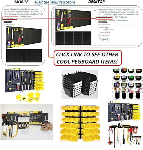 Pegboard Bin Kit For Garage And Workshop Organization, 9 Durable Plastic Bins Sized 4 X 7 X 3 Inches, mounted on wall with tools