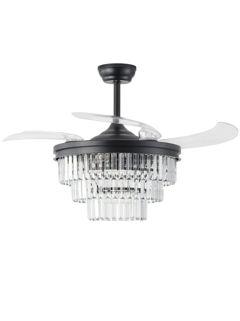 SYDACG 42" Black Crystal Fandelier Ceiling Fans with Lights, featuring a clear crystal design and retractable blades.