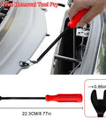 Car trim removal tool being used to detach panel clips with a non-slip red handle, showcasing 8.77-inch length and 0.86-inch width.