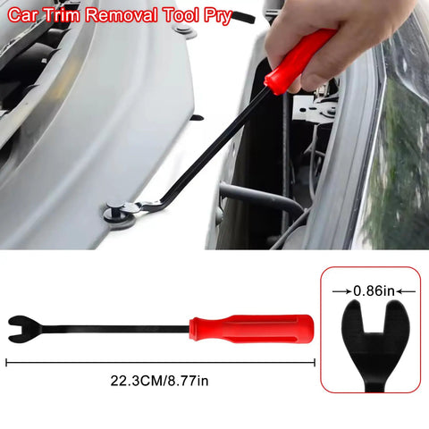Car trim removal tool being used to detach panel clips with a non-slip red handle, showcasing 8.77-inch length and 0.86-inch width.