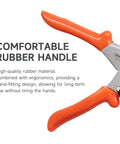 Close-up of orange rubber handle on Multi Angle Miter Shear Cutter With Adjustable 45 To 135 Degrees And Safety Lock For DIY Home Improvement Cutting Plastic PVC Molding Trim Pro Grade Stainless Steel Blades For Fast Clean Cuts.