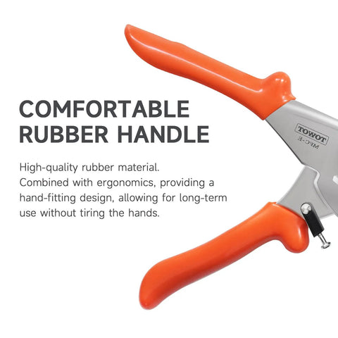 Close-up of orange rubber handle on Multi Angle Miter Shear Cutter With Adjustable 45 To 135 Degrees And Safety Lock For DIY Home Improvement Cutting Plastic PVC Molding Trim Pro Grade Stainless Steel Blades For Fast Clean Cuts.