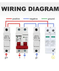 Wiring diagram for Rock Solid 2P DC Solar Circuit Breaker 1000V Rated showing positive, negative, and ground connections.