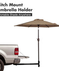 Hitch Mount Umbrella Holder for Tailgating and Travel attached to truck, adjustable 31-41 inches, provides portable shade