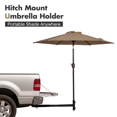 Hitch Mount Umbrella Holder for Tailgating and Travel attached to truck, adjustable 31-41 inches, provides portable shade