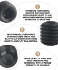 Close-up of Heavy Duty Rock Solid Boss Grade Carbon Steel Hex Socket Head Screws demonstrating hexagonal groove and deep threads.