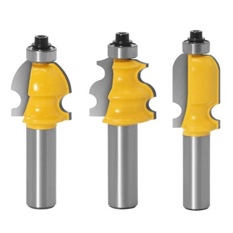 Top Shelf CNC Router Bits Set Featuring Hella Durable Half Inch Shank for woodworking, showing three distinct router bits.