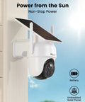 Wireless Outdoor Security Camera System With Solar Power 4 Camera 4MP HD Surveillance attached to a wall with solar panel