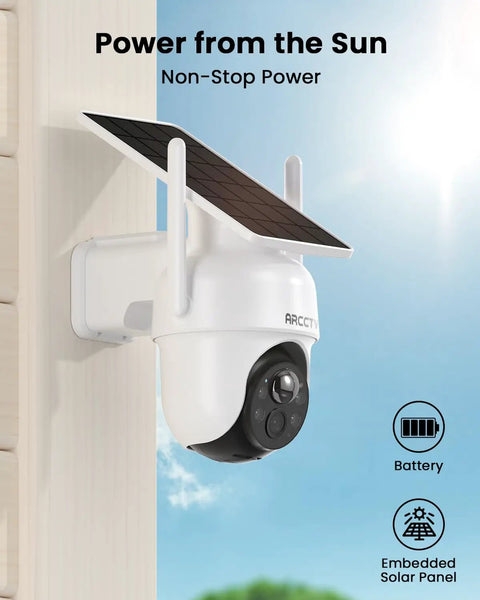 Wireless Outdoor Security Camera System With Solar Power 4 Camera 4MP HD Surveillance attached to a wall with solar panel