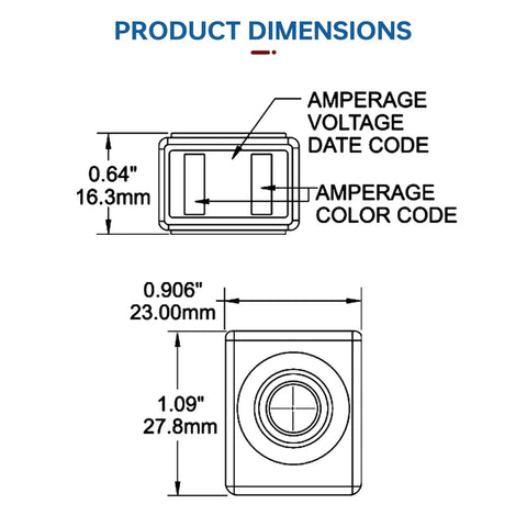 Diagram showing product dimensions of Rock Solid 50 Amp MRBF Terminal Fuse With IP66 Waterproof Marine Build And 58V DC Circuit Shield.