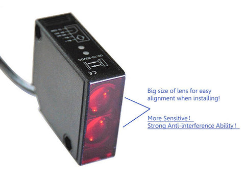 IP67 Waterproof Retro Reflective Photoelectric Beam Sensor Kit close-up showing lens and wiring for alignment