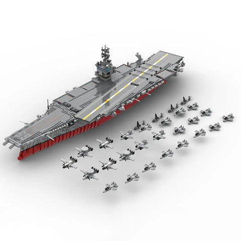 Top Shelf USS Enterprise CVN 65 Aircraft Carrier Building Blocks Set With 4941 Heavy Duty Bricks And 1 350 Scale Military Ship Model Including 28 Scale Jets Plus Sleek Display Stand For Real Deal Fans, featuring detailed carrier and jets.