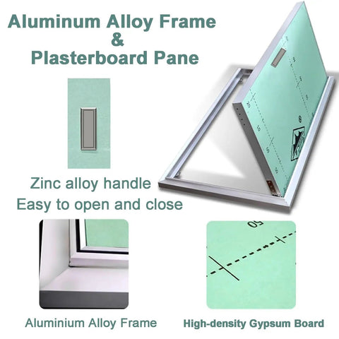 No Sweat Heavy Duty Flush Mount Aluminum Drywall Access Panel with aluminum frame and plasterboard for utility access.