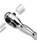 Prograde 1/4 Inch Stubby Ratchet Wrench Dual Socket Bit Driver 72 Tooth Chrome Alloy with socket and bit attached.