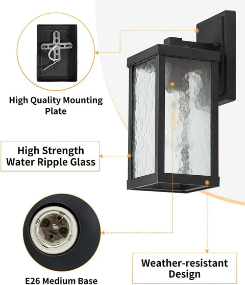 Outdoor Wall Sconce Lantern, Vintage Waterproof Wall Mount Light Fixture, Matte Black Anti Rust Aluminum Lamp With Water Ripple Glass Shade