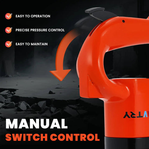 Manual switch control on a Powerful Pneumatic Hammer Shovel Air Chisel For Concrete Breaking And Metalwork, 21 Liters Per Second Air Flow, 32 Hz.