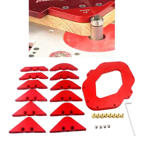 Pro Grade Aluminum Router Table Round Corner Template With Hella Sharp Radius Gauges set displayed with red gauges and hex key.