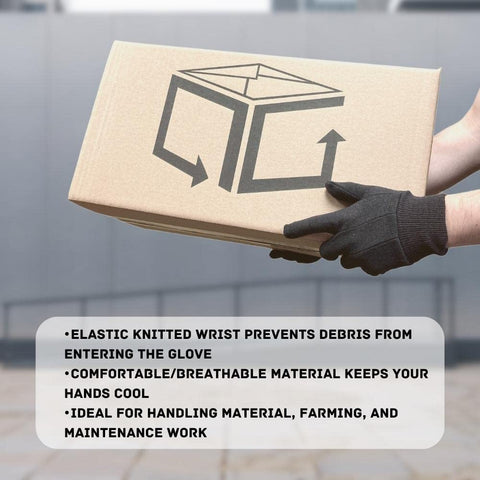 Brown Jersey Work Gloves For Men Large 12 Pack Industrial Grade Cotton Poly Blend Reusable Safety Gear with elastic wrist for debris protection.