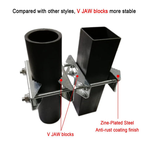 Two Pack Beefy Antenna Mast Clamp V Jaw Block Kit With 5.5 Inch Bolts Anti Rust Heavy Duty Pole To Pole Mounting Bracket For Ham Radio CB TV Pipe Flag Posts Umbrellas And Parasols 3 Setup Options, zinc-plated steel V jaw blocks on round and square pipes