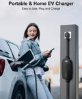 Woman using Level 2 EV Charger 32Amp 7.68kW Portable Home Charger with 25Ft Cable NEMA 14-50 Plug, charging car outdoors.