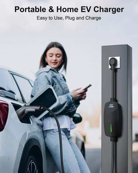 Woman using Level 2 EV Charger 32Amp 7.68kW Portable Home Charger with 25Ft Cable NEMA 14-50 Plug, charging car outdoors.