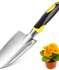 Stainless Steel Heavy Duty Garden Trowel Shovel with Soft Rubberized Non Slip Ergonomic Handle and potted flowers