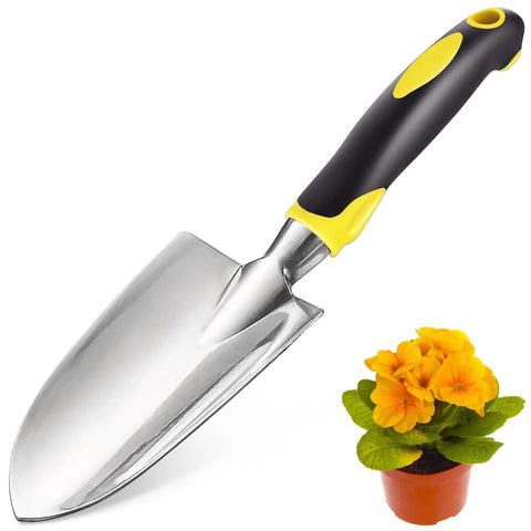 Stainless Steel Heavy Duty Garden Trowel Shovel with Soft Rubberized Non Slip Ergonomic Handle and potted flowers