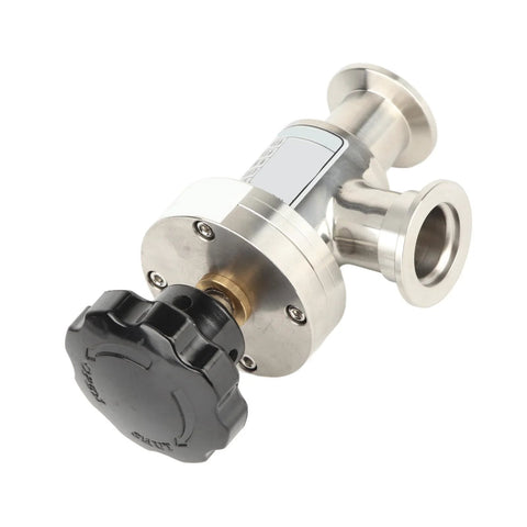 Kf25 stainless steel vacuum isolation valve, right-angle, manual with black knob handle and flanged ports