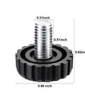 Close-up of M8 screw on furniture glide leveling foot, showing measurements in inches for black metal adjustable leg leveler.