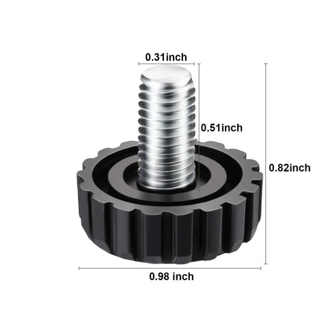 Close-up of M8 screw on furniture glide leveling foot, showing measurements in inches for black metal adjustable leg leveler.