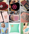 Images of items decorated with Hotfix Rhinestone Applicator Kit With 5784 Rhinestones, including hats, masks, bags, and phone cases.