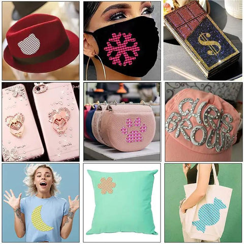 Images of items decorated with Hotfix Rhinestone Applicator Kit With 5784 Rhinestones, including hats, masks, bags, and phone cases.