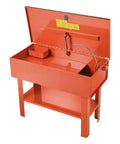 Built Tough Heavy Duty Parts Washer With 40 Gallon Steel Bath And One Gallon Per Minute Electric Pump For Auto Mechanics Engine Gear Carburetor No Fuss Workshop Cleanup Rig open top view with adjustable gooseneck and shelf