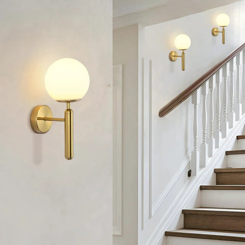 Milk Glass Globe Wall Sconce With Brushed Brass Body In Mid Century Modern Gold Finish Wall Light along staircase