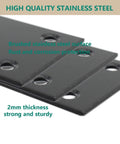 Close-up of Heavy Duty Black Metal Flat Straight Brace Brackets Set showing stainless steel material with holes and 2mm thickness.
