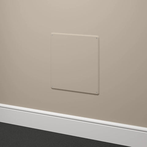 12 By 12 Natural Polystyrene Wall Access Panel For Plumbing And Electrical Service With Countersunk Screw Holes installed on wall.