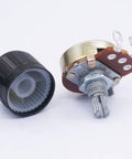Close-up of Three Pack Wh138 100 Ohm Potentiometer Kit with Single Turn Rotary Linear Variable Potentiometer and Black Aluminum Alloy Knobs.