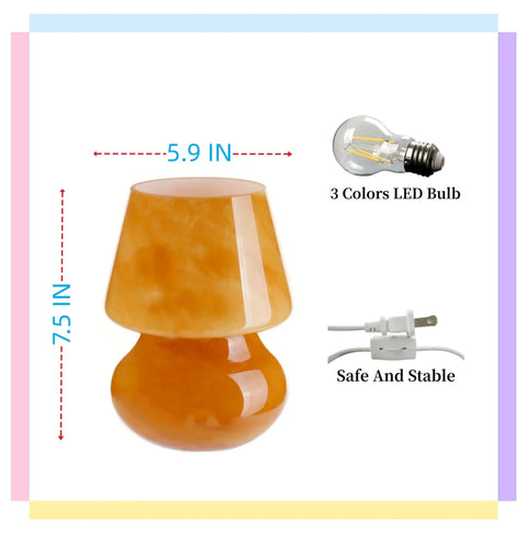 Glass Mushroom LED Bedside Lamp For Bedroom And Living Room, 5.9 by 7.5 inches, hand blown orange glass, includes 3-color LED bulb