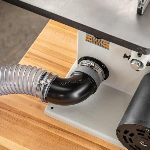 Rockler Dust Right Quick Change Elbow Adapter With Flexible Rubber Boot And Metal Clamp For Shop Vacs and Workshop Dust Collection Systems, 2.5 inch fitting on machine.