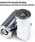 Two Pack Vending Machine Locks Keyed Alike With Six Identical Keys For Soda Snack Candy Machines And ATM Cabinets, High Security Tubular Keyway Cylinder Locks, Zinc Alloy Construction, No-Fuss Access With A Single Key That Opens Both Locks showing close-up of chrome zinc alloy locks with 6-pin security encoding.