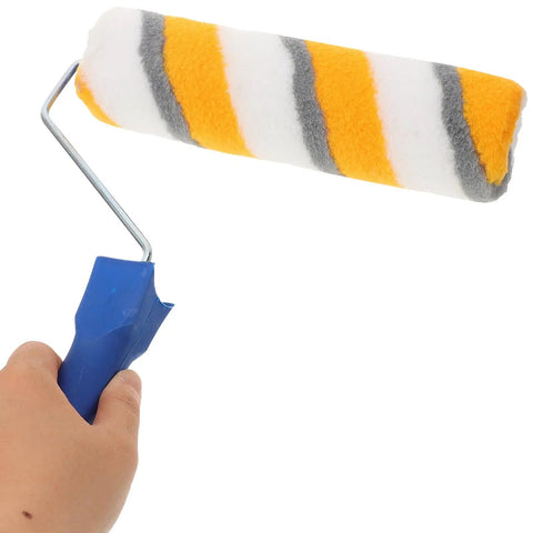 No Sweat Chemical Fiber Paint Roller For Smooth Ceiling Jobs And Easy Interior Decorating With Pro Level Lines And Zero Fuss Application For Quick Diy Makeovers And Touch Ups, held by hand with blue handle.
