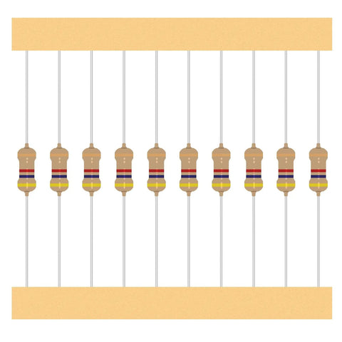 Fifty Value One Quarter Watt Carbon Film Resistors Kit With 0 Ohm To 10M Ohm Range, 5 Percent Tolerance, resistors in a row on tape